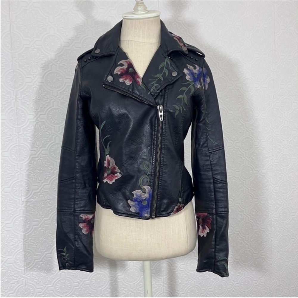 Candie's Black Leather Jacket with Floral Design